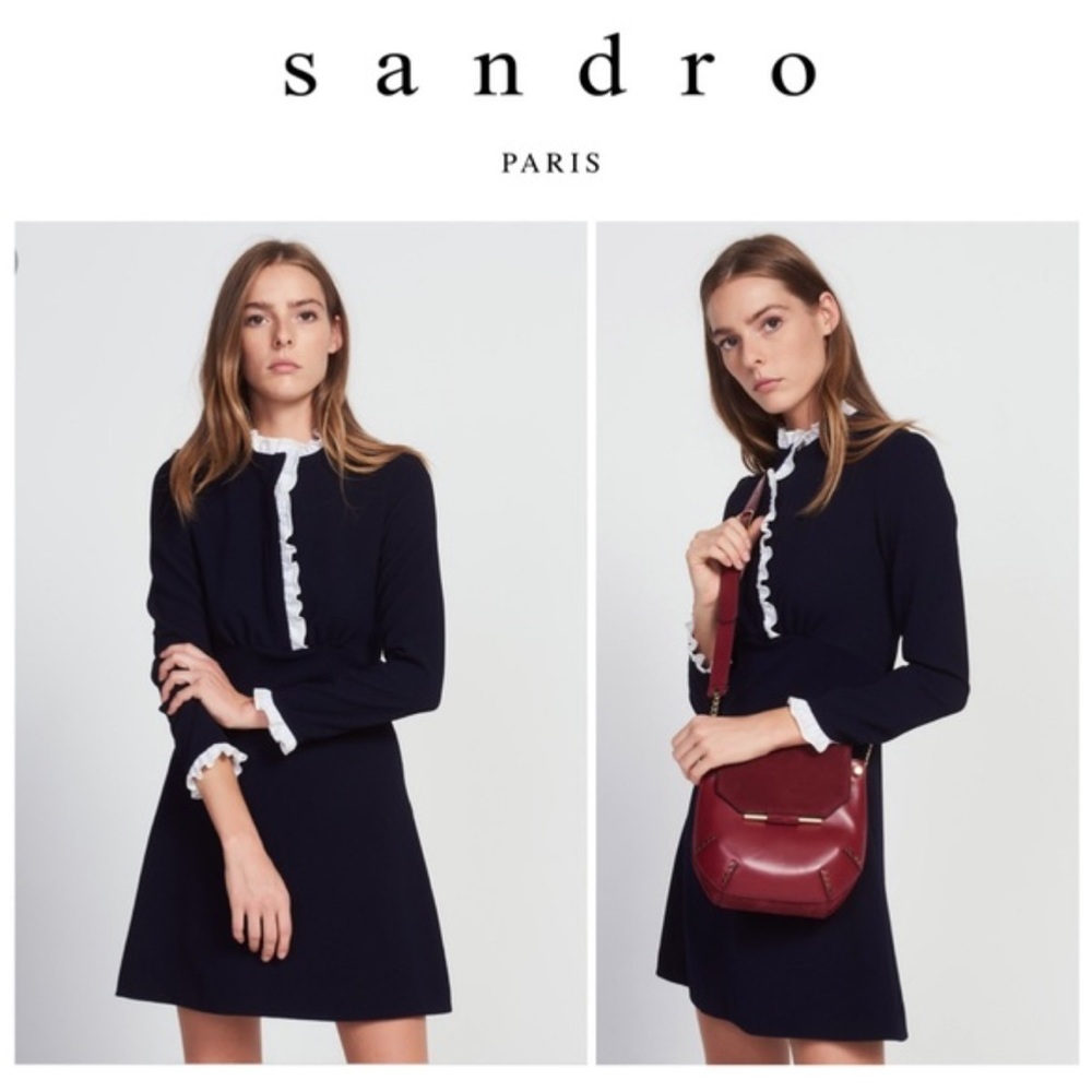 Sandro Natalia Ruffle Trim Dress- Navy with White Details. 0/XS